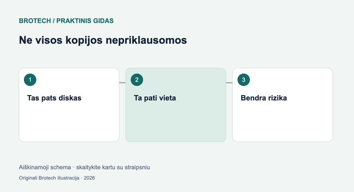Ne visos kopijos nepriklausomos: Tas pats diskas; Ta pati vieta; Bendra rizika