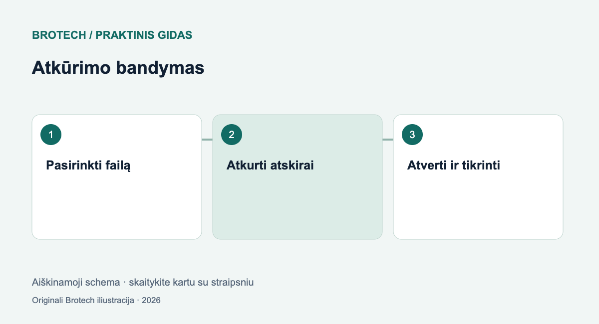 Atkūrimo bandymas: Pasirinkti failą; Atkurti atskirai; Atverti ir tikrinti