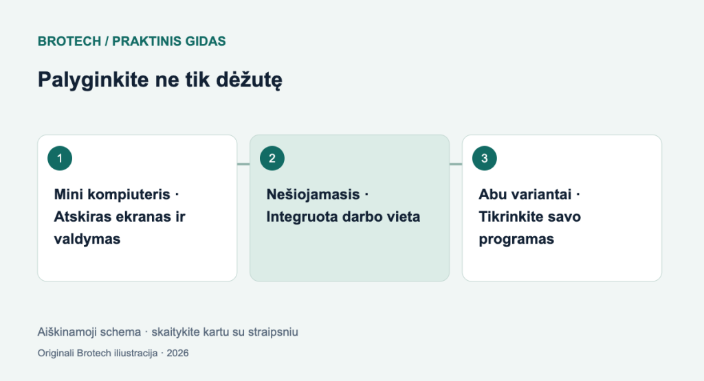 Mažas kompiuteris ar nešiojamasis: palyginkite visą darbo vietą