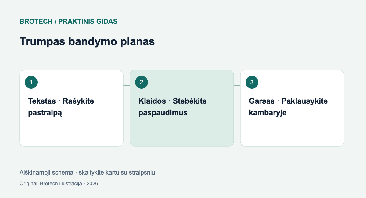 Trumpas bandymo planas: Tekstas – Rašykite pastraipą; Klaidos – Stebėkite paspaudimus; Garsas – Paklausykite kambaryje