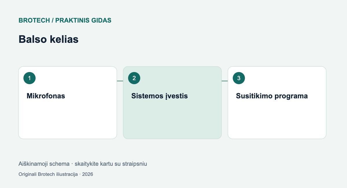 Balso kelias: Mikrofonas; Sistemos įvestis; Susitikimo programa