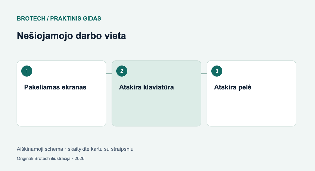 Nešiojamojo darbo vieta: Pakeliamas ekranas; Atskira klaviatūra; Atskira pelė