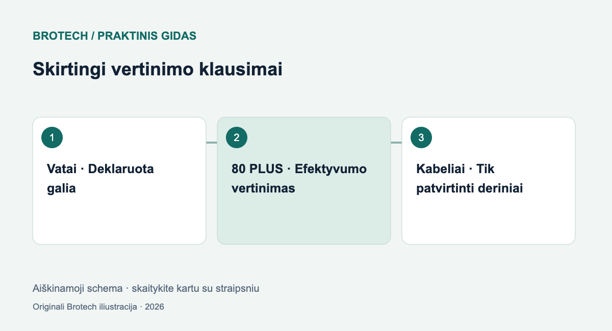 Skirtingi vertinimo klausimai: Vatai – Deklaruota galia; 80 PLUS – Efektyvumo vertinimas; Kabeliai – Tik patvirtinti deriniai